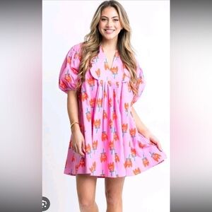 Karlie Dress Pink Floral V-neck Sz S, 100% Cotton Flaw In Back